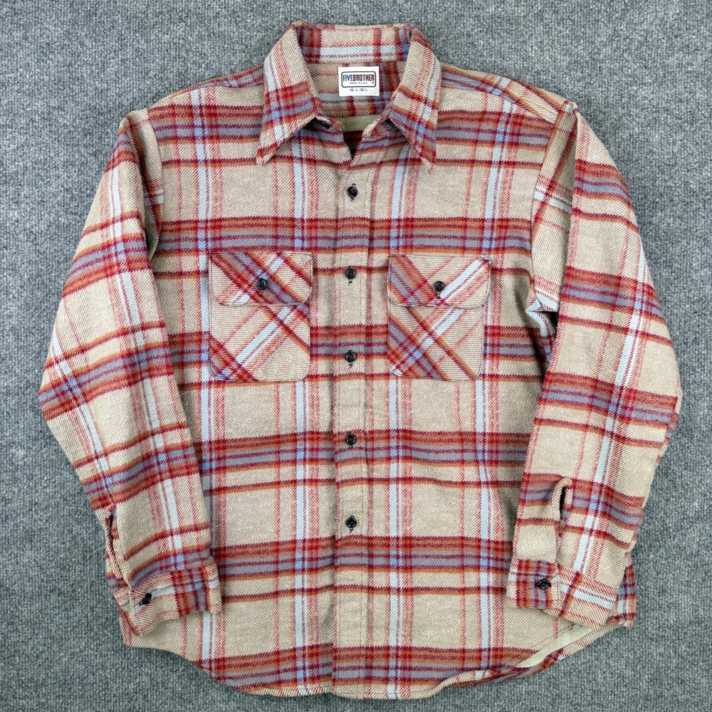 Vintage 70s Five Brother Flannel Shirt Mens L Brown Red Plaid Work Made in USA